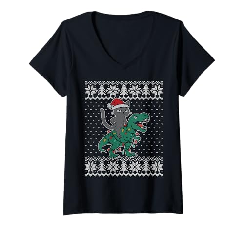 Damen Katze reitet einen Dinosaurier hässlichen Pullover, T Rex Weihnachtslichter T-Shirt mit V-Ausschnitt von Dinosaur Cat Ugly Sweater