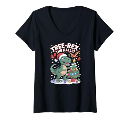 Damen T Rex Deko-Baum, niedlicher Weihnachtsfeiertag, Dino-Weihnachtsbaum T-Shirt mit V-Ausschnitt Damen T Rex Deko-Baum, niedlicher Weihnachtsfeiertag, Dino-Weihnachtsbaum T-Shirt mit V-Ausschnitt von Dinosaur Christmas Apparel Gifts by Anastasia