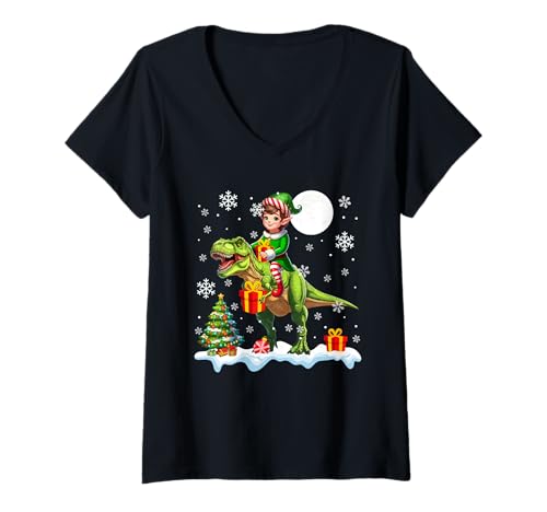 Damen Elf reitender T-Rex-Weihnachtsbaum, Bunte Lichter, Liebhaber, Kinder T-Shirt mit V-Ausschnitt von Dinosaur Christmas Costume