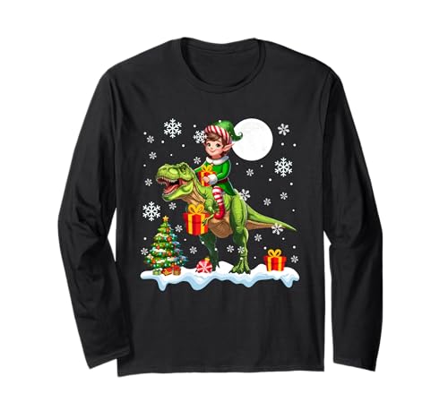 Elf reitender T-Rex-Weihnachtsbaum, Bunte Lichter, Liebhaber, Kinder Langarmshirt Elf reitender T-Rex-Weihnachtsbaum, Bunte Lichter, Liebhaber, Kinder Langarmshirt von Dinosaur Christmas Costume
