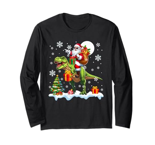 Weihnachtsmann reitet T-Rex Weihnachtsbaum Bunte Lichter Liebhaber Kinder Langarmshirt Weihnachtsmann reitet T-Rex Weihnachtsbaum Bunte Lichter Liebhaber Kinder Langarmshirt von Dinosaur Christmas Costume