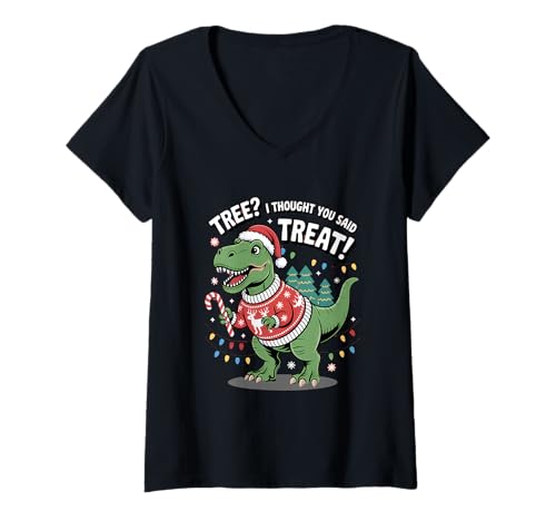 Damen Tree I Thought You Said Treat Lustige Dino-Grafik T-Shirt mit V-Ausschnitt Damen Tree I Thought You Said Treat Lustige Dino-Grafik T-Shirt mit V-Ausschnitt von Dinosaur Christmas Tree Pun Ugly Sweater apparel