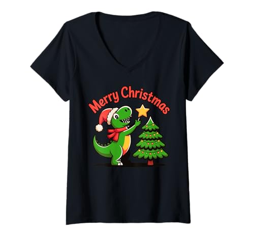 Damen Dinosaurier Weihnachten Merry Christmas T-Rex Dekorationsbaum T-Shirt mit V-Ausschnitt Damen Dinosaurier Weihnachten Merry Christmas T-Rex Dekorationsbaum T-Shirt mit V-Ausschnitt von Dinosaur Christmas Tree Shirt Holiday Festive Gift
