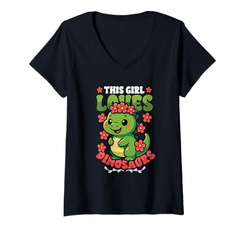 Damen This Girl Loves Dinosaurs - Niedliches Dinosaurier-Design für Mädchen T-Shirt mit V-Ausschnitt Damen This Girl Loves Dinosaurs - Niedliches Dinosaurier-Design für Mädchen T-Shirt mit V-Ausschnitt von Dinosaur Design for Girls Who Love Dinosaurs