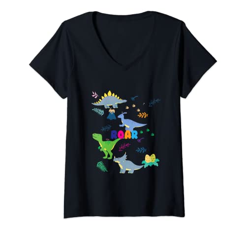 Damen Dinosaurier Prähistorischer Dinosaurier Kinder oder Erwachsene Dino T-Shirt mit V-Ausschnitt von Dinosaur Dino Designs