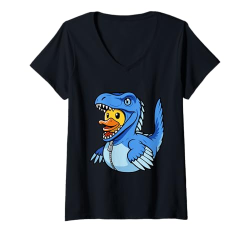 Damen Velociraptor-Ente T-Shirt mit V-Ausschnitt von Dinosaur Duckling Dino