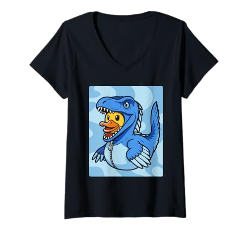 Damen Velociraptor-Ente T-Shirt mit V-Ausschnitt von Dinosaur Duckling Dino