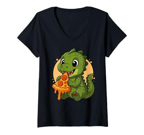 Damen Lustiger Dinosaurier Essen Pizza Grafik Jungen Mädchen Dinosaurier T-Shirt mit V-Ausschnitt Damen Lustiger Dinosaurier Essen Pizza Grafik Jungen Mädchen Dinosaurier T-Shirt mit V-Ausschnitt von Dinosaur Eating Pizza Graphic Design