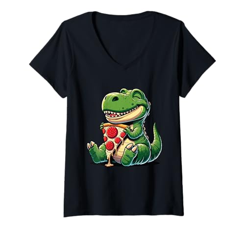 Damen Lustiger Dinosaurier-Pizza-Grafik, Jungen, Mädchen, Frauen, Kinder T-Shirt mit V-Ausschnitt von Dinosaur Eating Pizza Graphic Dinosaur Lover
