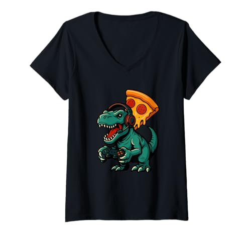 Damen Lustige Dinosaurier Gamer Pizza T Rex Grafik T-Shirt mit V-Ausschnitt von Dinosaur Gaming Pizza Humor Funny Apparel