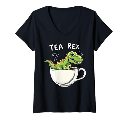 Damen Tea Rex T-Rex Tea Lover Dinosaurier Wortspiel T-Shirt mit V-Ausschnitt von Dinosaur Gifts & Tea Lover Gifts & T-Rex Costume