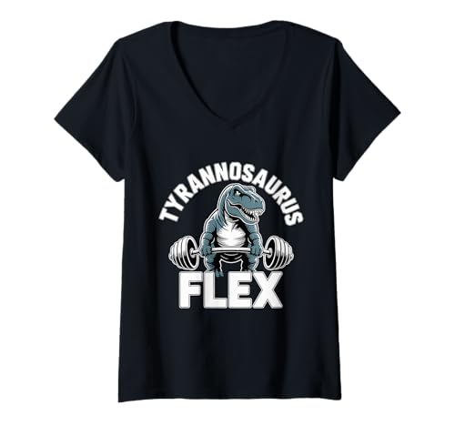 Damen Tyrannosaurus Flex Dinosaurier Gym Powerlifting Humor T-Shirt mit V-Ausschnitt von Dinosaur Gym Fitness T Rex Lifting Bodybuilding