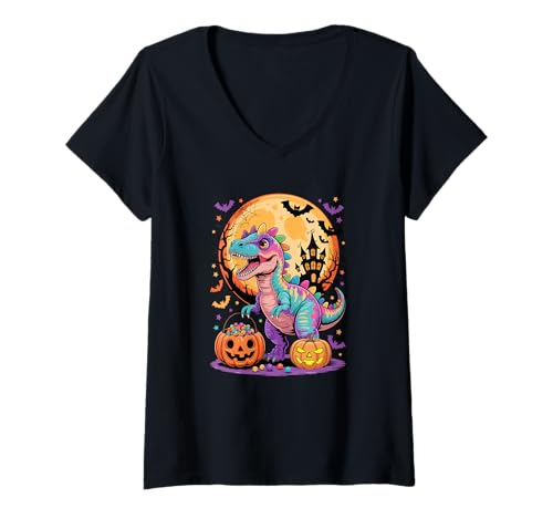 Damen Colorful T-Rex Carved Pumpkin Basket Candies Lover Kids T-Shirt mit V-Ausschnitt Damen Colorful T-Rex Carved Pumpkin Basket Candies Lover Kids T-Shirt mit V-Ausschnitt von Dinosaur Halloween Costume