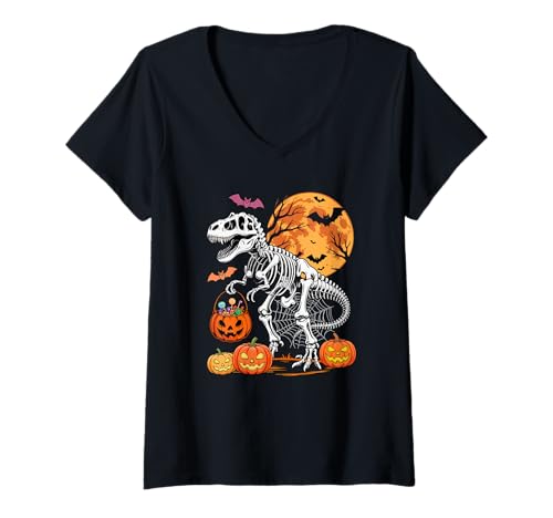 Damen Skeleton T-Rex with Carved Pumpkin Basket Halloween Candies T-Shirt mit V-Ausschnitt Damen Skeleton T-Rex with Carved Pumpkin Basket Halloween Candies T-Shirt mit V-Ausschnitt von Dinosaur Halloween Costume