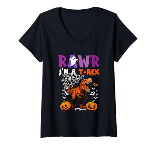 Damen T-Rex Sound Halloween Cosplay Costume Farmer Carved Pumpkins T-Shirt mit V-Ausschnitt Damen T-Rex Sound Halloween Cosplay Costume Farmer Carved Pumpkins T-Shirt mit V-Ausschnitt von Dinosaur Halloween Costume
