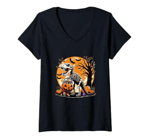 Damen T-rex Skeleton Holding Halloween Candy Carved Pumpkin Basket T-Shirt mit V-Ausschnitt Damen T-rex Skeleton Holding Halloween Candy Carved Pumpkin Basket T-Shirt mit V-Ausschnitt von Dinosaur Halloween Costume