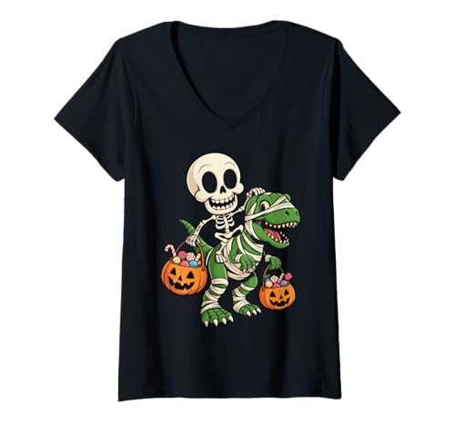 Damen Skelett Reiten Mama Dinosaurier Halloween Kürbis T-Shirt mit V-Ausschnitt von Dinosaur Halloween Pumpkin Vibes