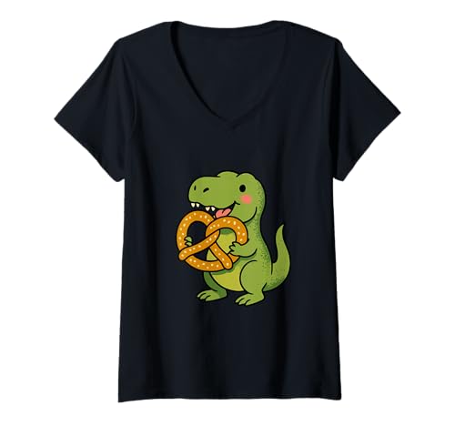 Damen Niedlicher Dinosaurier-Fressbrezel-Cartoon-Design T-Shirt mit V-Ausschnitt von Dinosaur Humor Pretzel and Snack Apparel