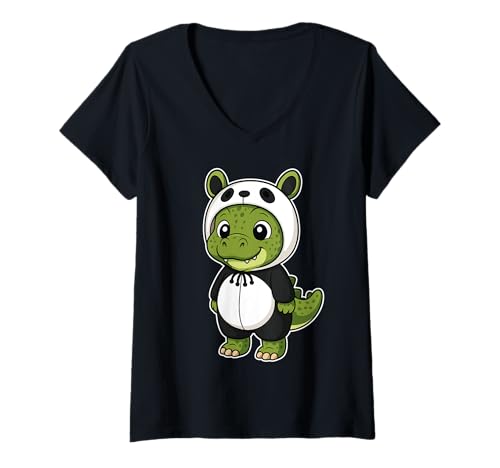 Damen Kawaii Dinosaurier im Panda Kostüm für Mädchen Kinder Dinosaurier T-Shirt mit V-Ausschnitt Damen Kawaii Dinosaurier im Panda Kostüm für Mädchen Kinder Dinosaurier T-Shirt mit V-Ausschnitt von Dinosaur In Panda Costume Kawaii Design