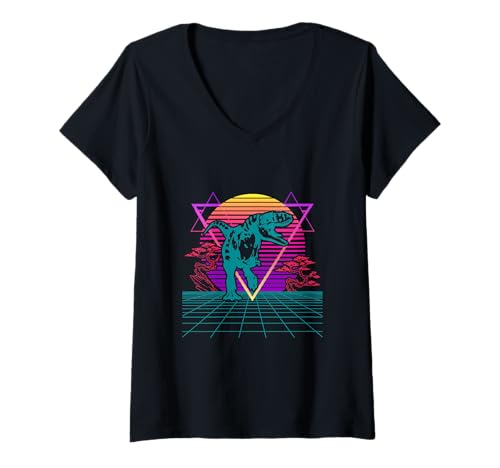 Damen Retro 80er Jahre Stil T-Rex Dinosaurier Grafik T-Shirt mit V-Ausschnitt Damen Retro 80er Jahre Stil T-Rex Dinosaurier Grafik T-Shirt mit V-Ausschnitt von Dinosaur Lover Apparel Outfits
