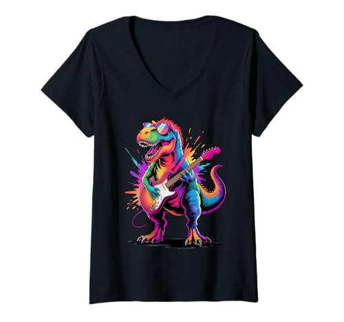 Damen Dinosaurier-T-Rex spielt Gitarre, Poster-Stil, Bunte Farbe T-Shirt mit V-Ausschnitt Damen Dinosaurier-T-Rex spielt Gitarre, Poster-Stil, Bunte Farbe T-Shirt mit V-Ausschnitt von Dinosaur Lover Apparel & Arts