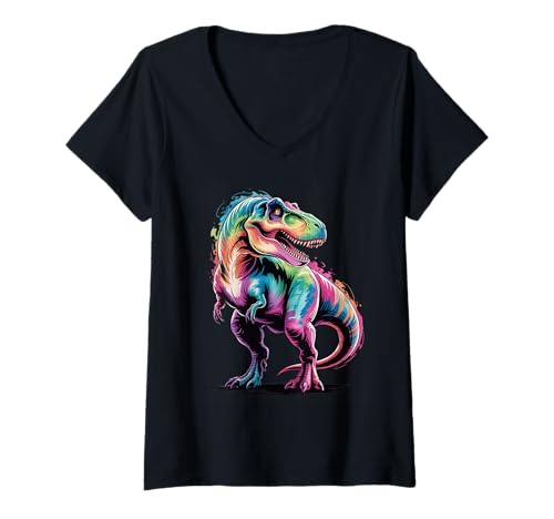 Damen T-Rex Dinosaurier-Poster-Stil, Bunte Farbspritzer T-Shirt mit V-Ausschnitt Damen T-Rex Dinosaurier-Poster-Stil, Bunte Farbspritzer T-Shirt mit V-Ausschnitt von Dinosaur Lover Apparel & Arts