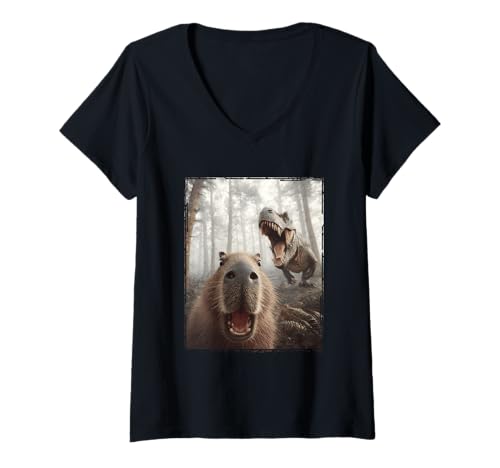 Damen Capybara Selfie mit Dinosaurier & lustigem Tyrannosaurus Rex T-Shirt mit V-Ausschnitt von Dinosaur Lover Gifts For Women, Men & Kids