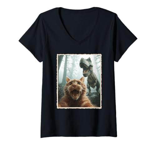 Damen Katzen-Selfie mit Dinosaurier, lustige verängstigte Katze Foto T-Shirt mit V-Ausschnitt von Dinosaur Lover Gifts For Women, Men & Kids