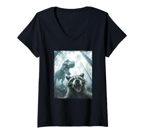 Damen Waschbär Selfie mit Dinosaurier, lustiges verängstigtes Waschbär Foto T-Shirt mit V-Ausschnitt von Dinosaur Lover Gifts For Women, Men & Kids