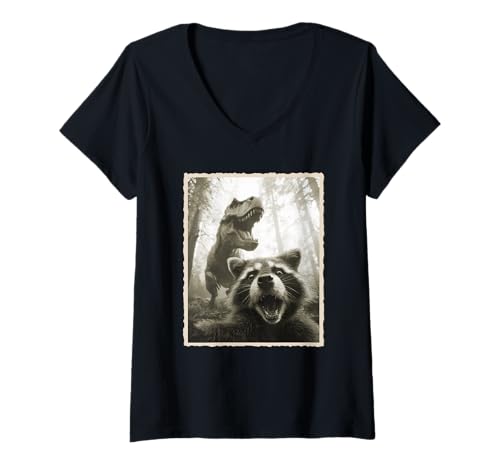 Damen Waschbär Selfie mit Dinosaurier & lustigem Tyrannosaurus Rex T-Shirt mit V-Ausschnitt von Dinosaur Lover Gifts For Women, Men & Kids