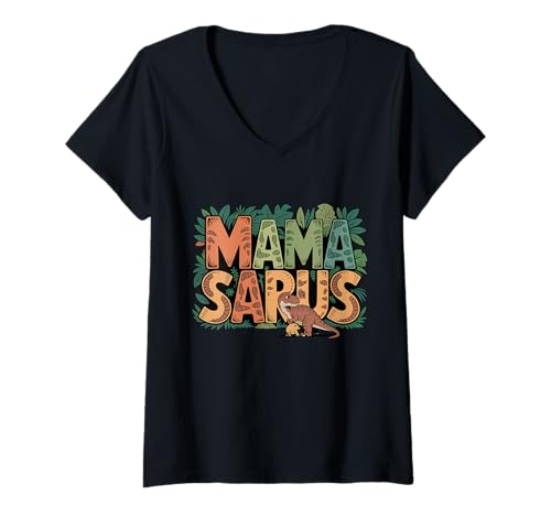 Damen Mama Sarus Dinosaurier Mama mit Baby Retro Dschungel T-Shirt mit V-Ausschnitt von Dinosaur Mom Jurassic Family Mamasaurus Retro