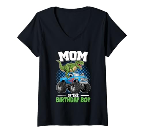 Damen Mom of The Birthday Boy Dinosaurier Monster Truck T-Shirt mit V-Ausschnitt von Dinosaur Monster Truck Birthday Graphic