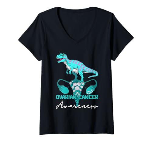 Damen Dinosaurier-Eierstockkrebs-Bewusstseinsband, blaugrün, Dinosaurier-T-Rex T-Shirt mit V-Ausschnitt Damen Dinosaurier-Eierstockkrebs-Bewusstseinsband, blaugrün, Dinosaurier-T-Rex T-Shirt mit V-Ausschnitt von Dinosaur Ovarian Cancer Awareness Teal Ribbon