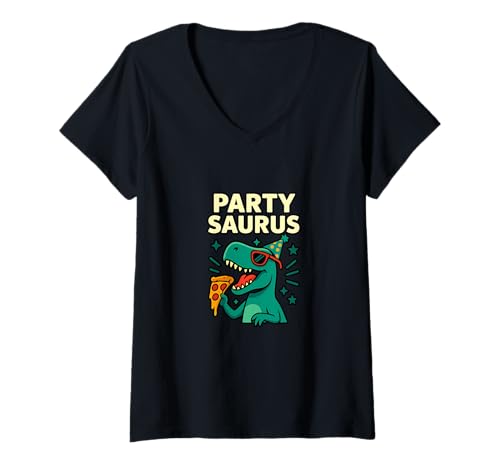 Damen Party Saurus Dinosaurier Pizza Lustiges Design T-Shirt mit V-Ausschnitt von Dinosaur Pizza Party Humor Graphic Apparel
