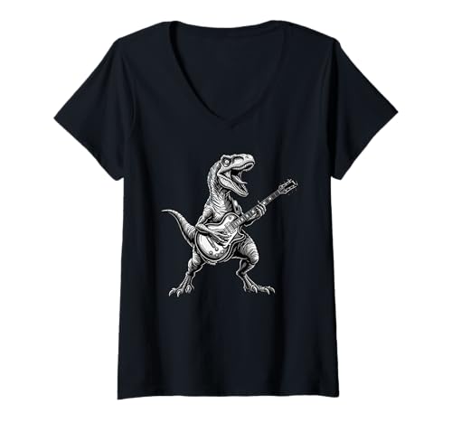 Damen Lustiger Rock Dinosaurier spielt E-Gitarre Musikliebhaber T-Shirt mit V-Ausschnitt von Dinosaur Playing Guitar For Men Women kids