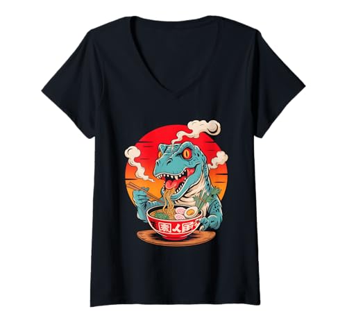 Damen Dinosaur Ramen Noodles Bowl T-Shirt mit V-Ausschnitt von Dinosaur Ramen Noodles Sunset Fun