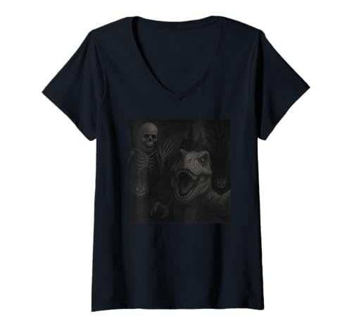 Damen T-Rex Dinosaur Selfie with Skeleton Halloween Funny T-Shirt mit V-Ausschnitt Damen T-Rex Dinosaur Selfie with Skeleton Halloween Funny T-Shirt mit V-Ausschnitt von Dinosaur Selfie With Skeleton Funny Apparel
