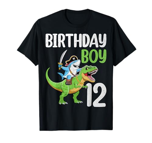 Birthday Boy 12 Dinosaur Pirate Shark 12th Birthday Party T-Shirt von Dinosaur Shark 12th Birthday Gifts Co.