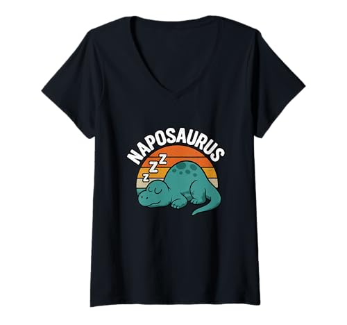 Damen Lustiger Dinosaurier Naposaurus Retro Schlafen T-Shirt mit V-Ausschnitt von Dinosaur Sleep Humor Retro Apparel