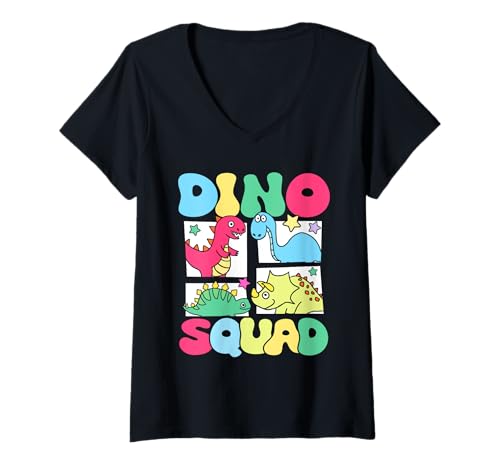 Damen Dino Squad Fossils Niedliche Kawaii Baby Dino Dinosaurier Liebhaber T-Shirt mit V-Ausschnitt von Dinosaur Squad Fossils for Dinosaur Lovers