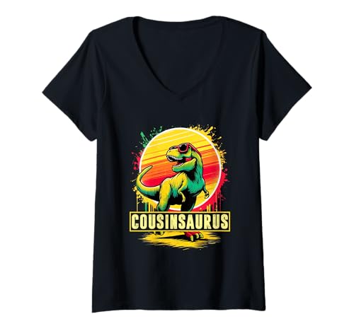 Damen Cousinsaurus T Rex Dinosaurier Cousin Saurus mit Sonnenbrille T-Shirt mit V-Ausschnitt Damen Cousinsaurus T Rex Dinosaurier Cousin Saurus mit Sonnenbrille T-Shirt mit V-Ausschnitt von Dinosaur T Rex Saurus Matching Family Colorful