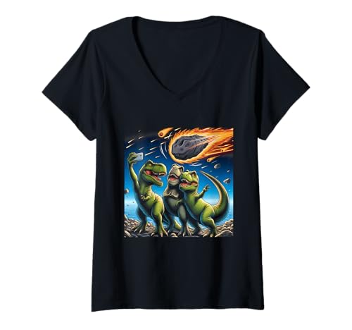 Damen Dinosaurier T Rex Selfie inmitten des herabfallenden Meteors Extinction Moment T-Shirt mit V-Ausschnitt Damen Dinosaurier T Rex Selfie inmitten des herabfallenden Meteors Extinction Moment T-Shirt mit V-Ausschnitt von Dinosaur T Rex Selfie Amid Falling Meteor