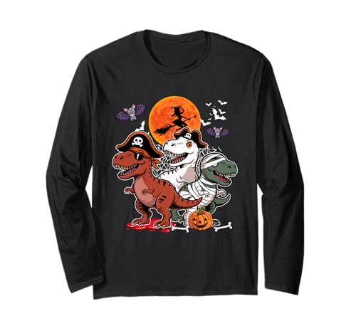 Three Funny T-Rexes Costume Pirate Boo Mummy Halloween Kids Langarmshirt von Dinosaur Thanksgiving Costume