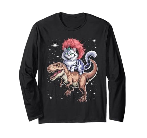 Lustiger Spruch Glam Katze Reiten T Rex Sparkle Chaos Damen Herren Langarmshirt von Dinosaur Tiara Humor Mohawk Fantasy Whimsical Pet