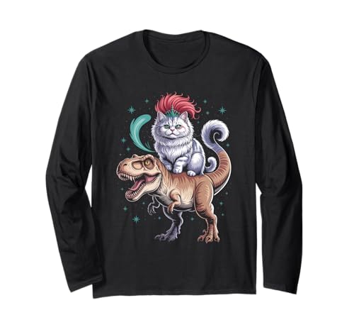 Lustiger Spruch Glam Katze Reiten T Rex Sparkle Chaos Damen Herren Langarmshirt von Dinosaur Tiara Humor Mohawk Fantasy Whimsical Pet