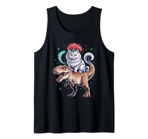 Lustiger Spruch Glam Katze Reiten T Rex Sparkle Chaos Damen Herren Tank Top von Dinosaur Tiara Humor Mohawk Fantasy Whimsical Pet