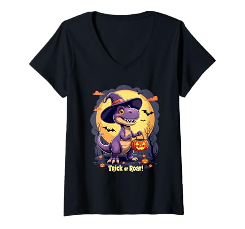 Damen Halloween Dinosaurier Trick or Roar! Gruselige Party T-Shirt mit V-Ausschnitt Damen Halloween Dinosaurier Trick or Roar! Gruselige Party T-Shirt mit V-Ausschnitt von Dinosaur Trick or Roar! Spooky Party Halloween
