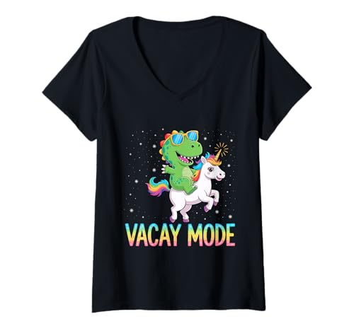 Damen Vacay -Modus Dinosaurier Unicorn Fun Vibes T-Shirt mit V-Ausschnitt von Dinosaur Unicorn Rainbow Joyful Vacay Fun