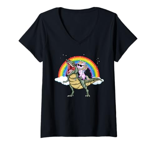 Damen Einhorn Dinosaurier T-Rex Regenbogen Galaxie Jungen Mädchen T-Shirt mit V-Ausschnitt von Dinosaur Unicorn Shirts Gifts