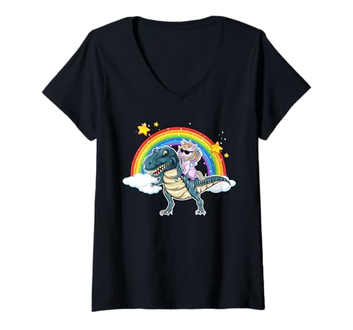 Damen Einhorn Dinosaurier T-Rex Regenbogen Galaxie Jungen Mädchen T-Shirt mit V-Ausschnitt Damen Einhorn Dinosaurier T-Rex Regenbogen Galaxie Jungen Mädchen T-Shirt mit V-Ausschnitt von Dinosaur Unicorn Shirts Gifts